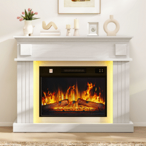 Balconera Cheminée électrique à poser design, Effet flammes LED, Chauffage programmable, Télécommande 1800W 100 x 26 x 80.5cm Blanc