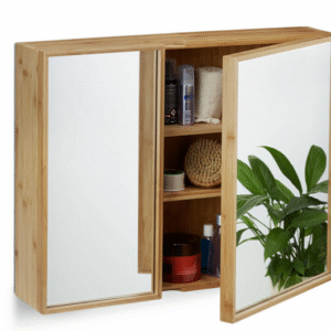 Relaxdays Armoire de salle de bain miroir 2 portes armoire de toilette en bambou HxlxP: 50 x 65 x 14 cm, nature